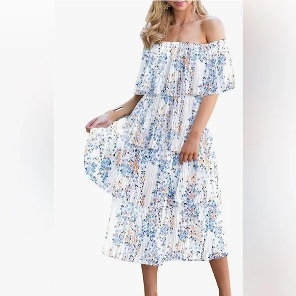 Etcyy Off The Shoulder Ruffles Summer Loose Casual Chiffon Midi Dress | Color: Blue/White | Size: M | Sam_A614'S Closet